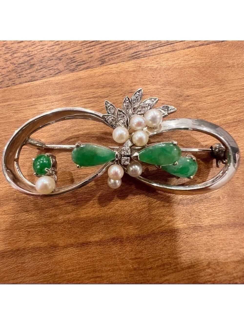 Antique 14k White Gold, Jade And Diamond Brooch.